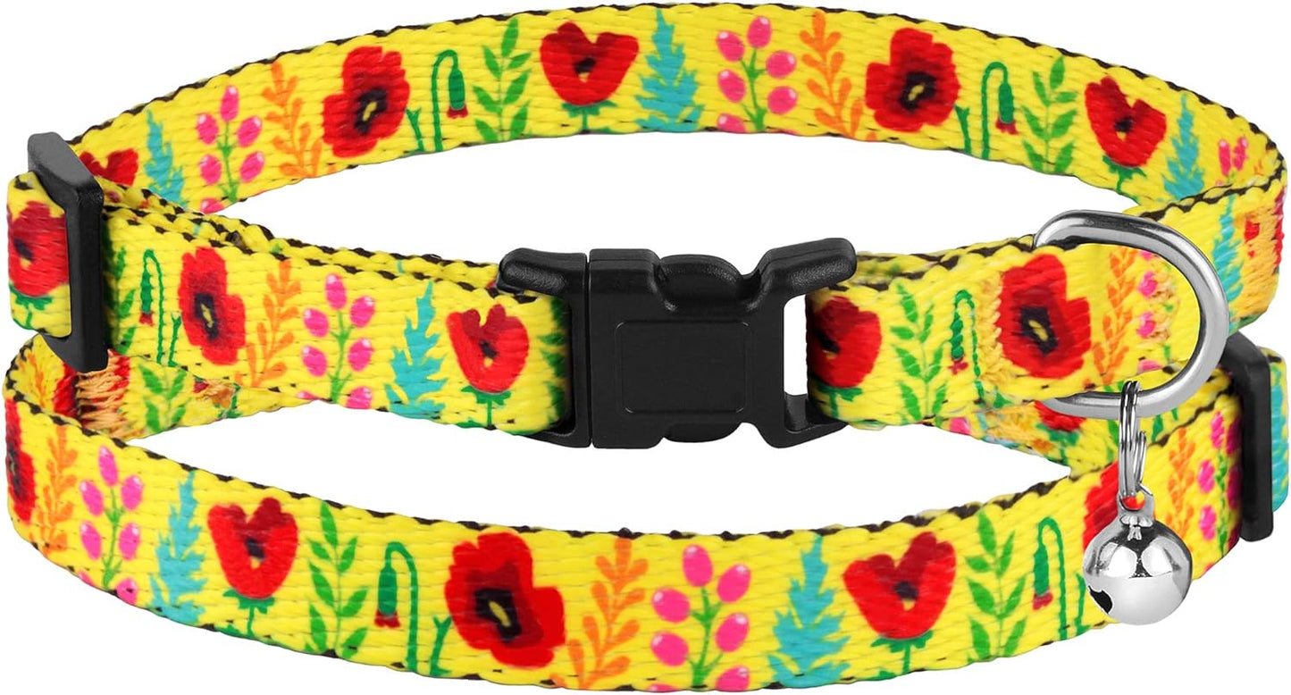 Cat Collar with Bell Floral Pattern 2 Pack Set Flower Adjustable Safety Breakaway Collars for Cats Kitten