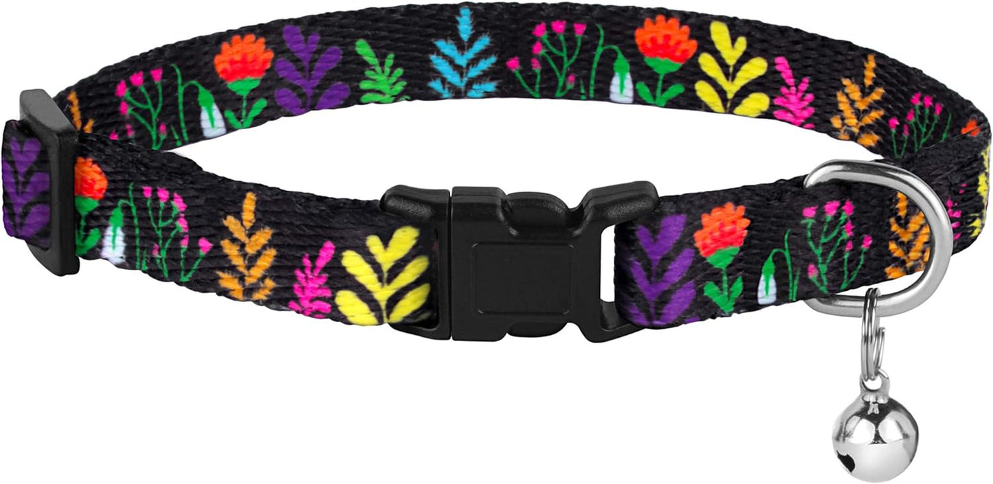 Cat Collar with Bell Floral Pattern 2 Pack Set Flower Adjustable Safety Breakaway Collars for Cats Kitten