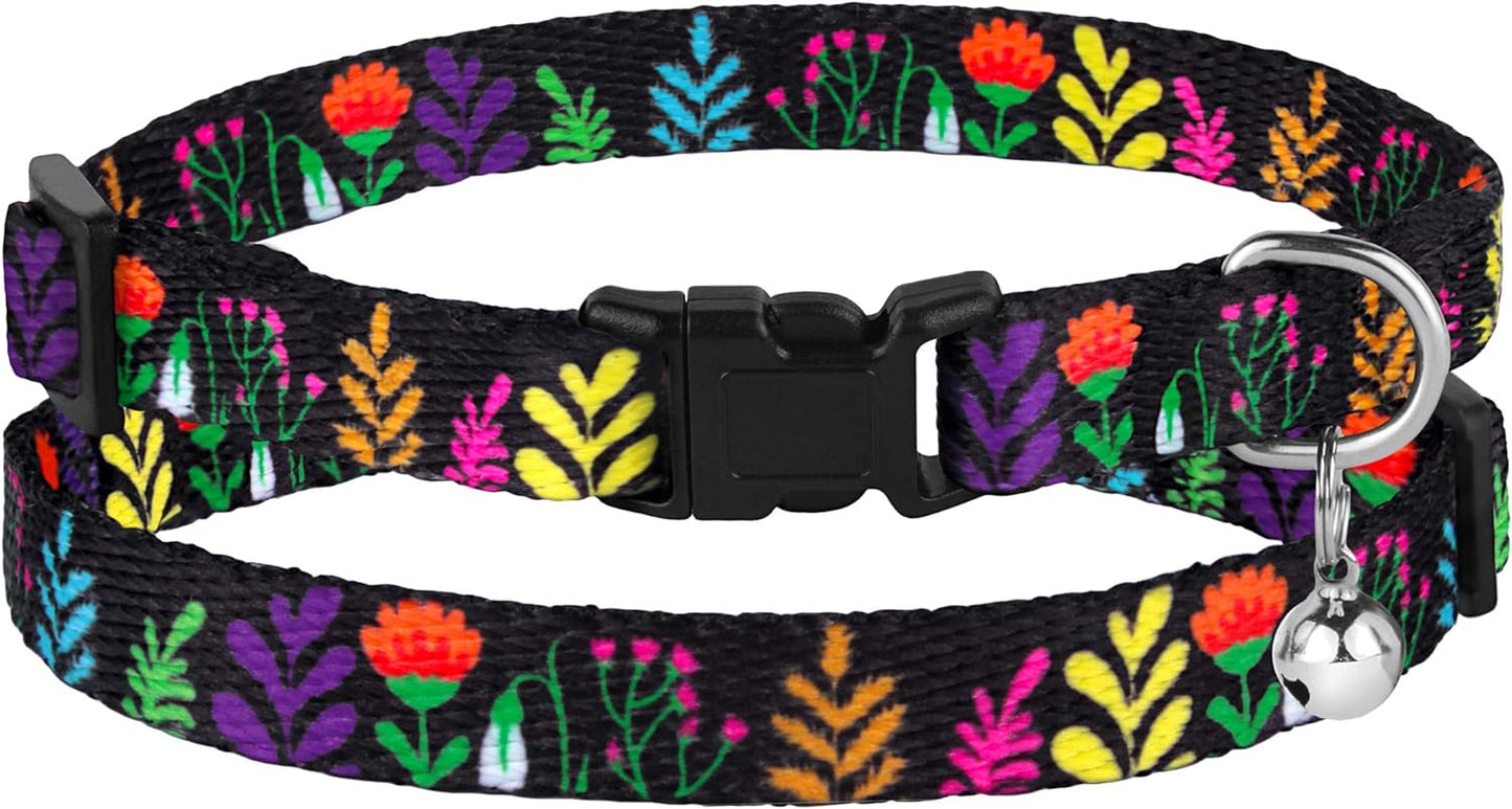 Cat Collar with Bell Floral Pattern 2 Pack Set Flower Adjustable Safety Breakaway Collars for Cats Kitten