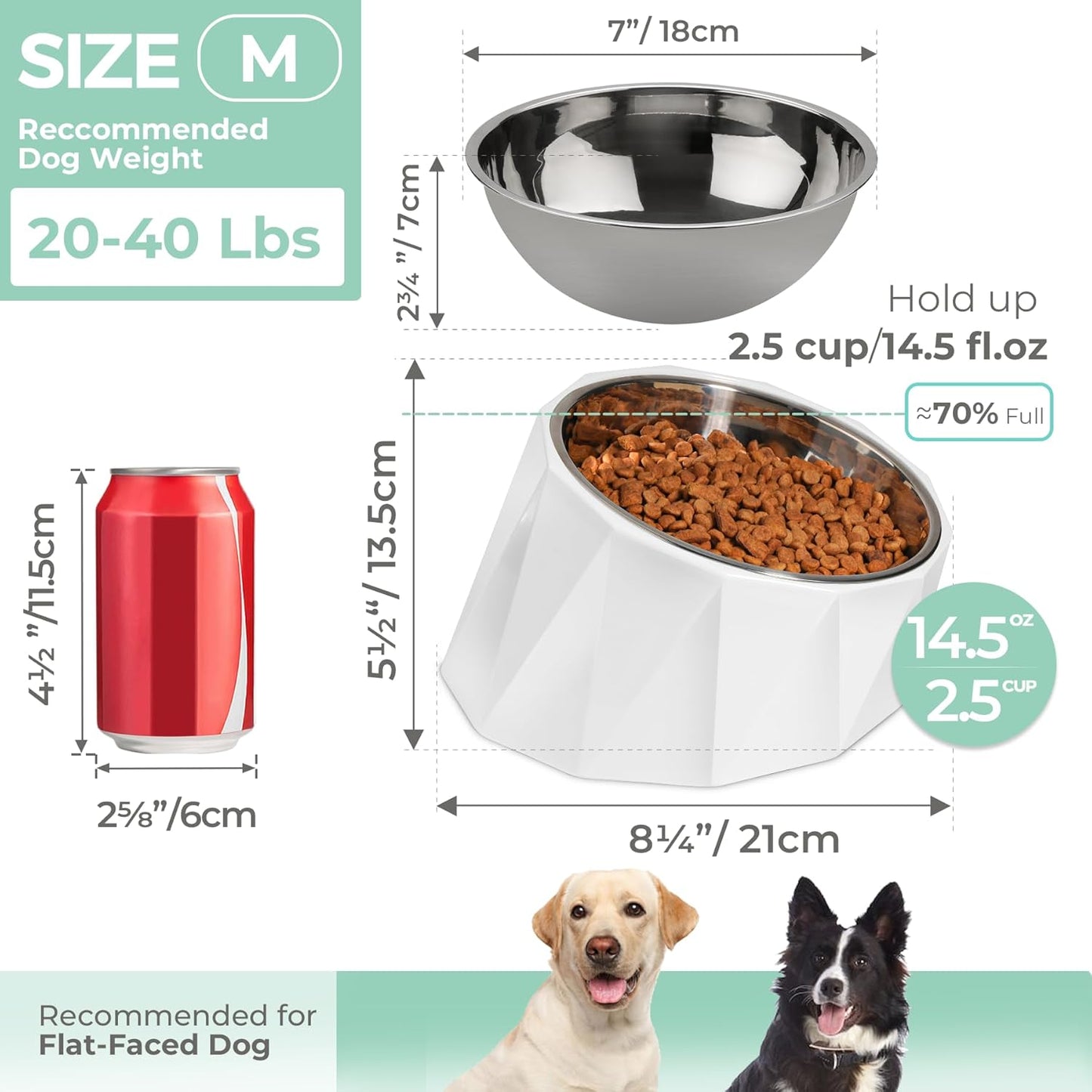 Tilted Angle Stainless Steel Dog Bowl,15°Slanted Pet Feeder for Dog and Cat, Non-Skid & Non-Spill Feeding Bowl with Detachable Melamine Stand, Food Water Dog Dish, Easier to Reach Food