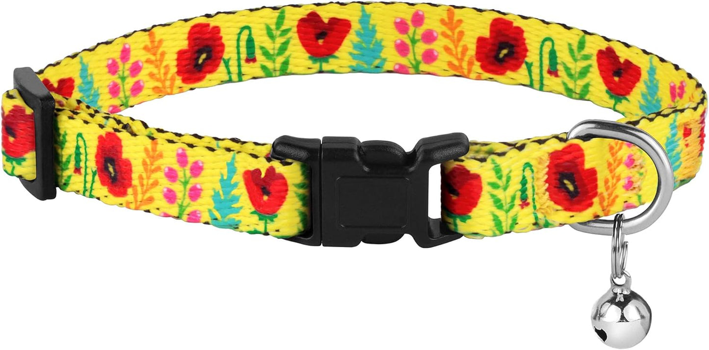 Cat Collar with Bell Floral Pattern 2 Pack Set Flower Adjustable Safety Breakaway Collars for Cats Kitten