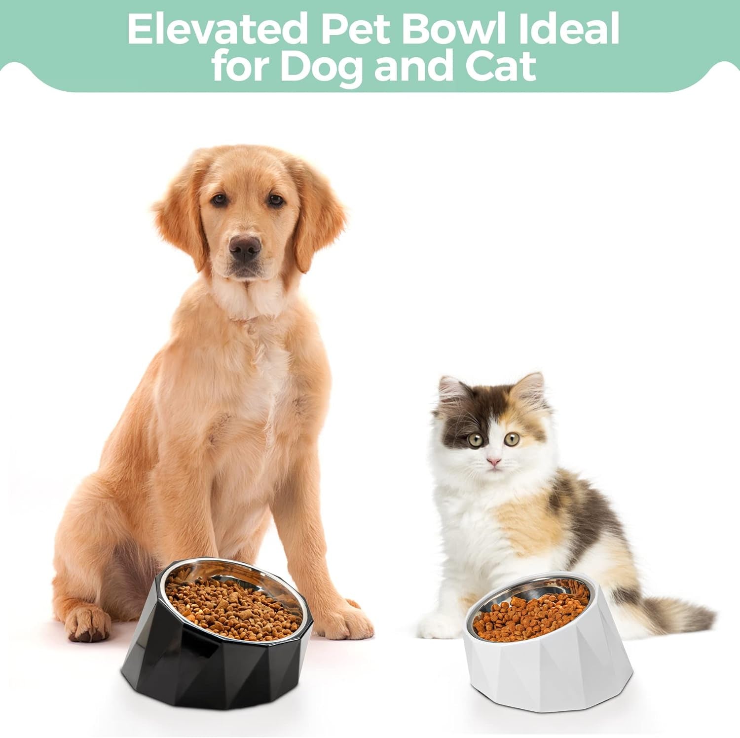 Tilted Angle Stainless Steel Dog Bowl,15°Slanted Pet Feeder for Dog and Cat, Non-Skid & Non-Spill Feeding Bowl with Detachable Melamine Stand, Food Water Dog Dish, Easier to Reach Food