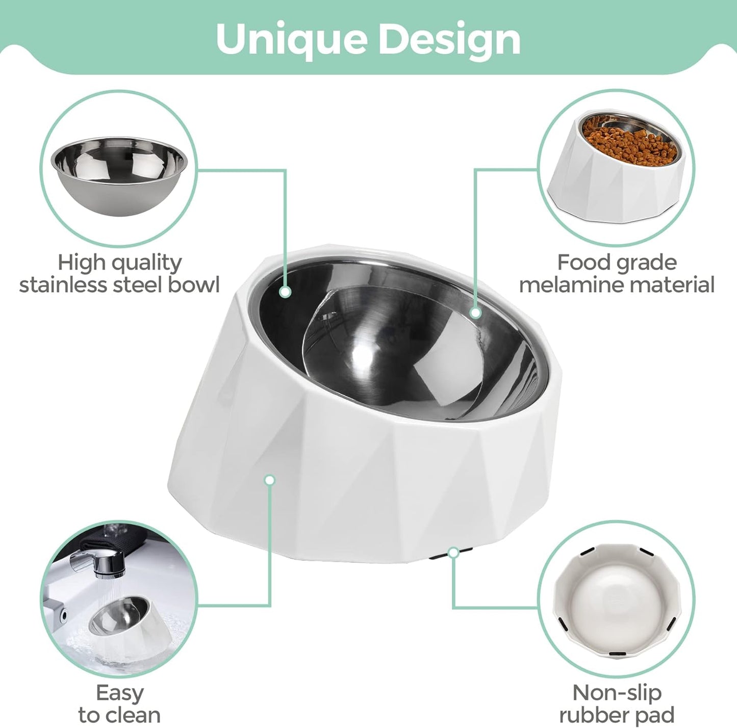 Tilted Angle Stainless Steel Dog Bowl,15°Slanted Pet Feeder for Dog and Cat, Non-Skid & Non-Spill Feeding Bowl with Detachable Melamine Stand, Food Water Dog Dish, Easier to Reach Food