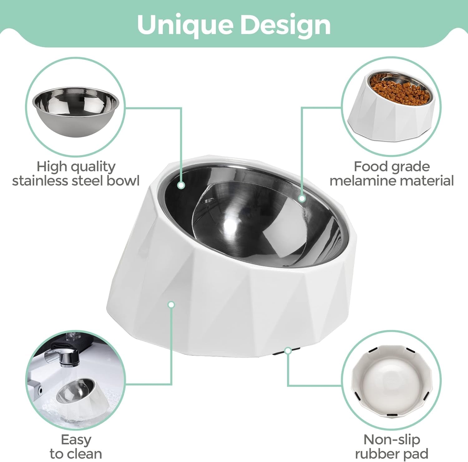 Tilted Angle Stainless Steel Dog Bowl,15°Slanted Pet Feeder for Dog and Cat, Non-Skid & Non-Spill Feeding Bowl with Detachable Melamine Stand, Food Water Dog Dish, Easier to Reach Food