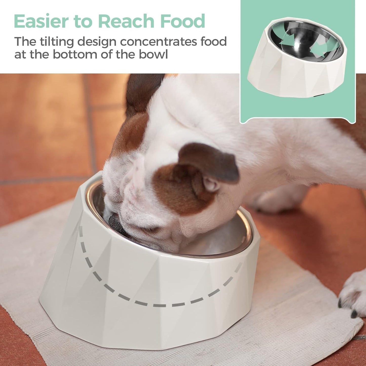 Tilted Angle Stainless Steel Dog Bowl,15°Slanted Pet Feeder for Dog and Cat, Non-Skid & Non-Spill Feeding Bowl with Detachable Melamine Stand, Food Water Dog Dish, Easier to Reach Food