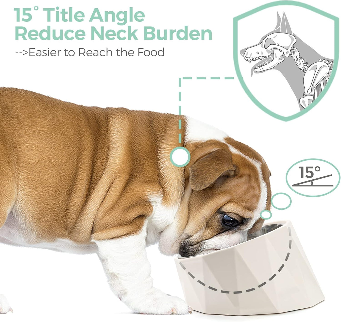 Tilted Angle Stainless Steel Dog Bowl,15°Slanted Pet Feeder for Dog and Cat, Non-Skid & Non-Spill Feeding Bowl with Detachable Melamine Stand, Food Water Dog Dish, Easier to Reach Food