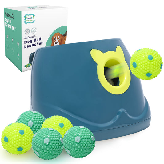 Automatic Dog Ball Launcher - Dog Ball Fetch Machine, Ball Thrower for Dogs, for Small to Medium Sized Dogs, Great Interactive Dog Toy with 6 Latex Balls, Dual Power Supply