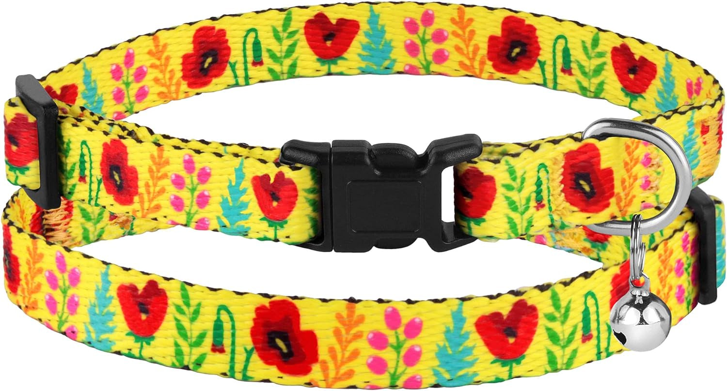 Cat Collar with Bell Floral Pattern 2 Pack Set Flower Adjustable Safety Breakaway Collars for Cats Kitten